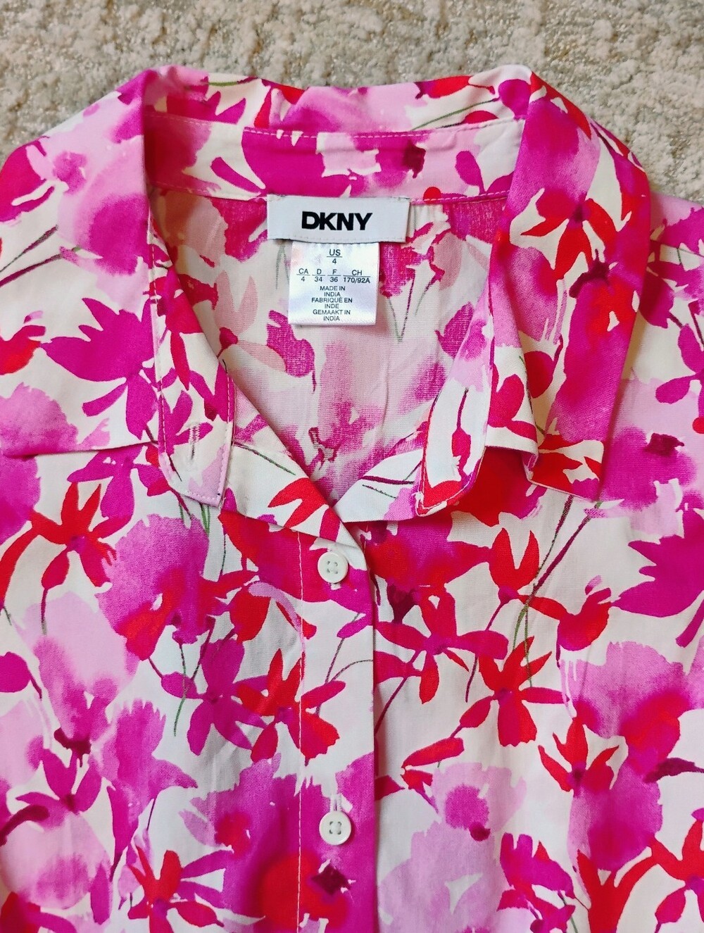 NWT 4 DKNY Pink And Red Floral Short Sleeve Midi Full Skirt Shirt Dress NEW - Picture 4 of 12